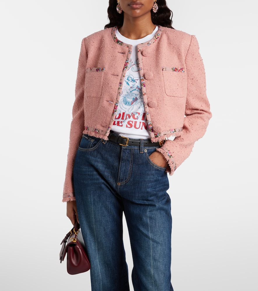 Floral cropped cotton-blend tweed jacket