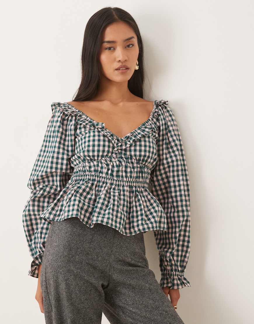 Taggie milkmaid blouse in green gingham
