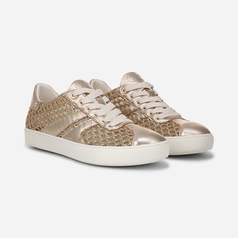 Medina Lace Up Sneaker Shoes, Gold Metallic Faux Raffia Leather