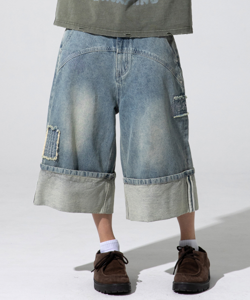 XP284 Boro Patchwork Bermuda Denim Pants