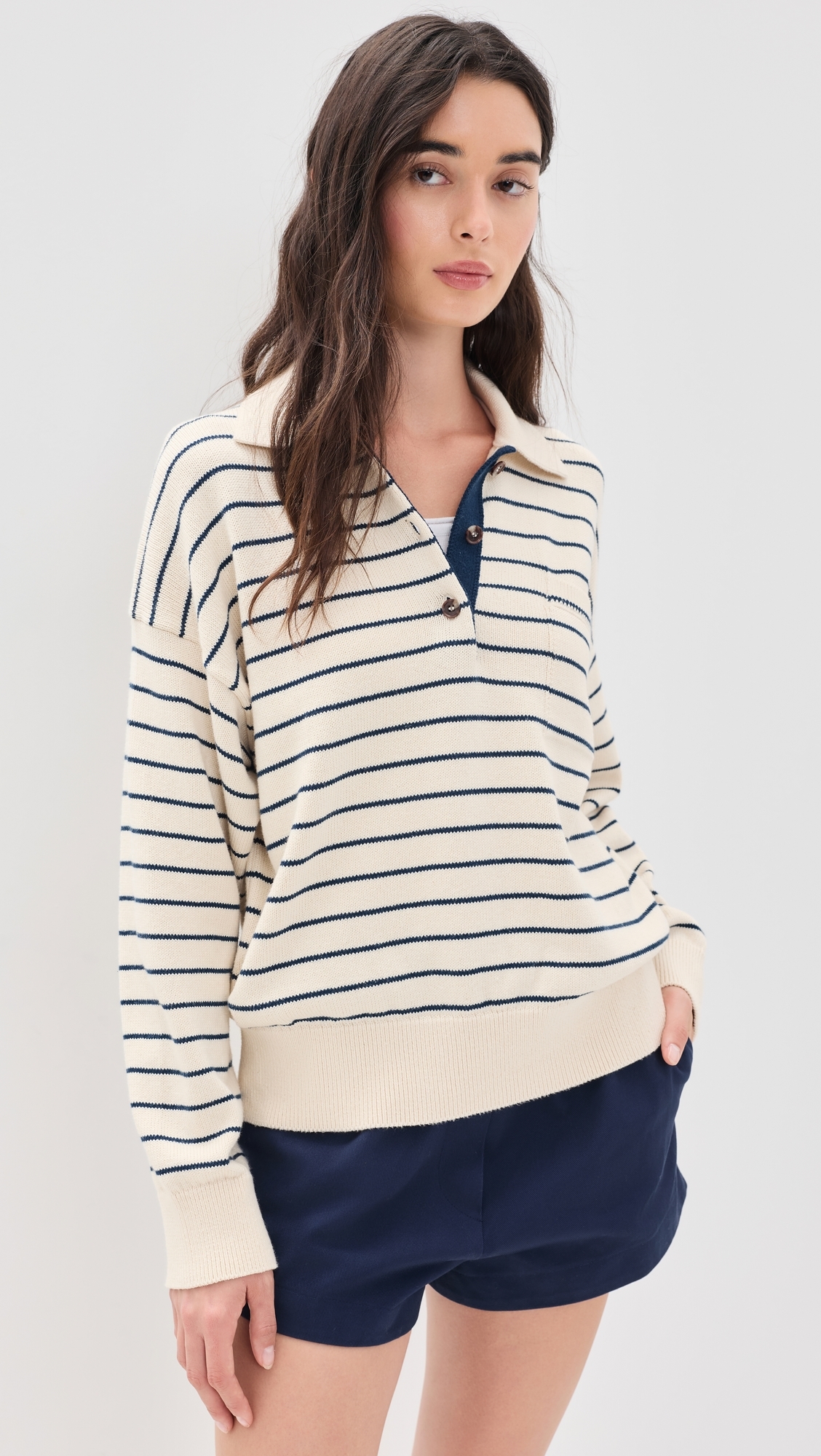 Cotton Striped Polo Ivory/Navy Stripe