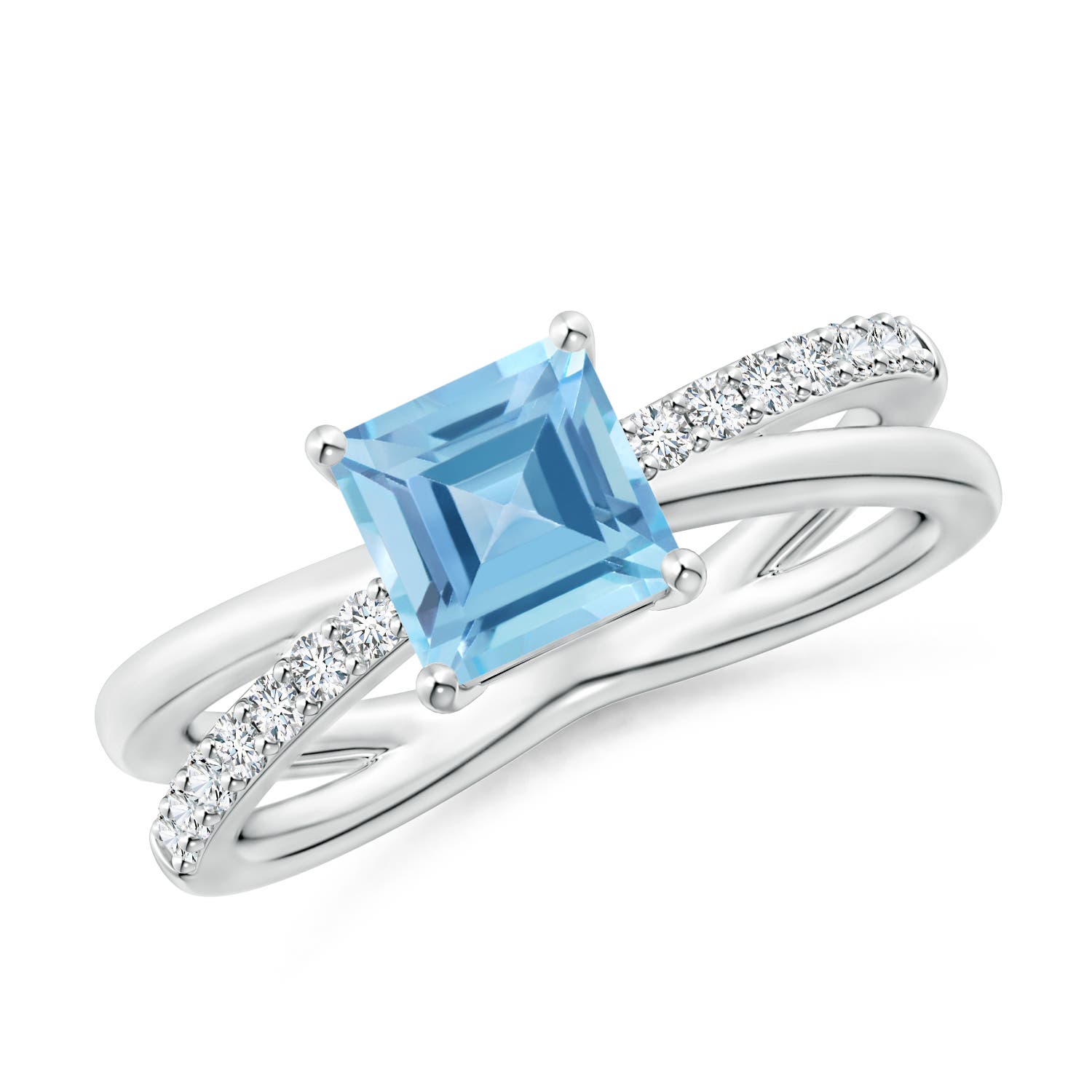 Angara 1.35 Carats Square Swiss Blue Topaz Crossover Shank Ring with Diamonds in Platinum