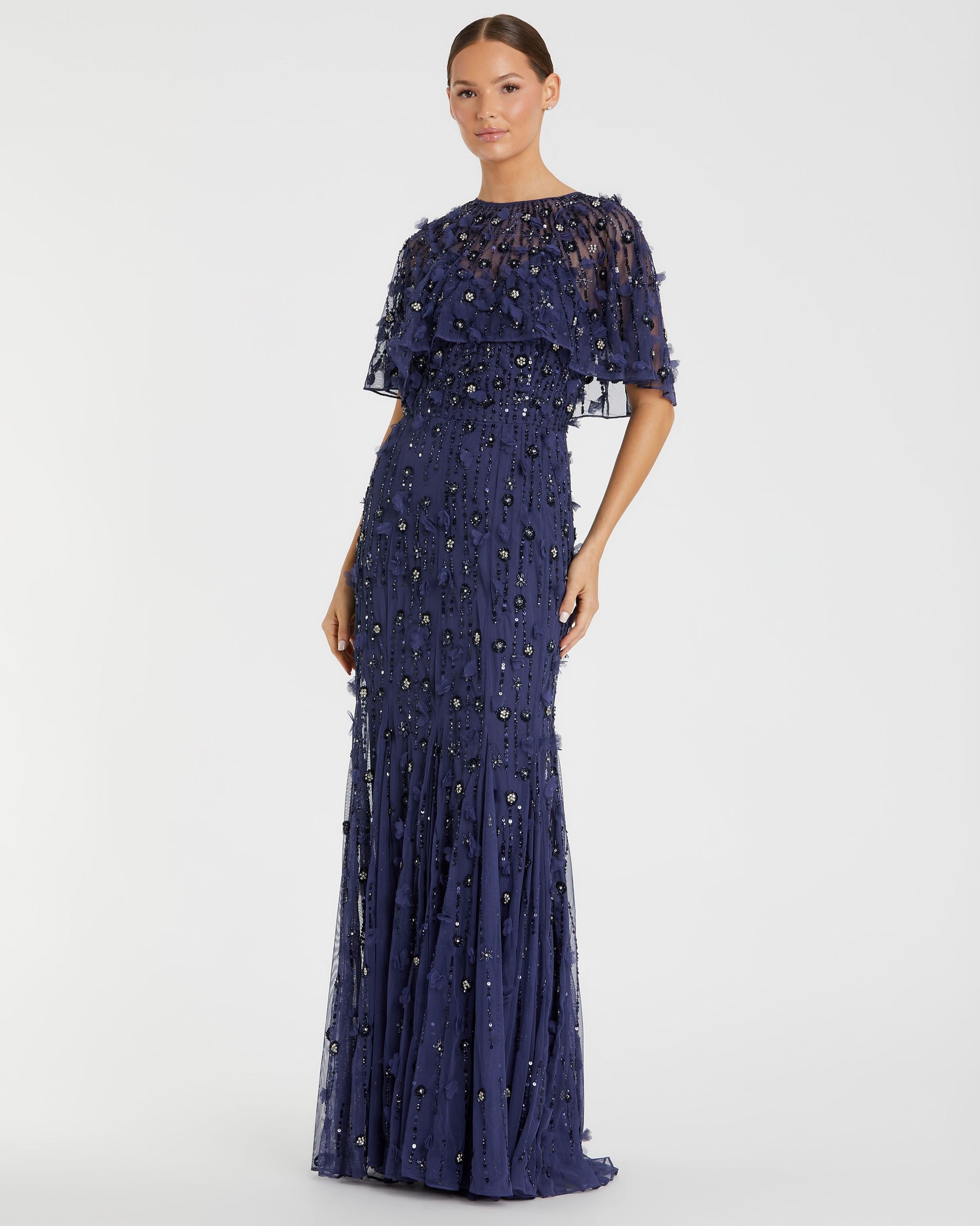Navy Embellished Illusion Cape Sleeve Trumpett Maxi Gown In Black