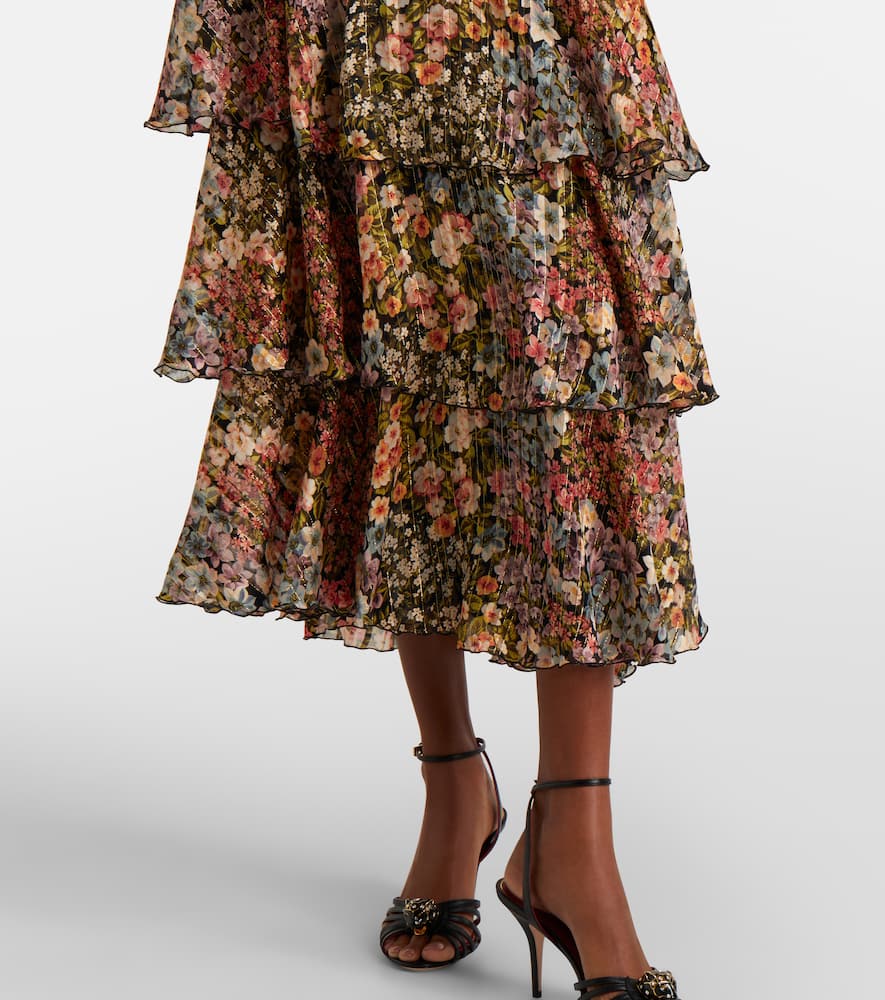 Floral plissé tiered silk maxi skirt