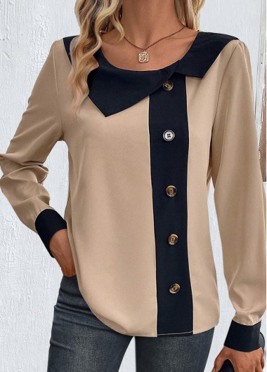 Modlily Light Camel Patchwork Long Sleeve Asymmetrical Neck Blouse
