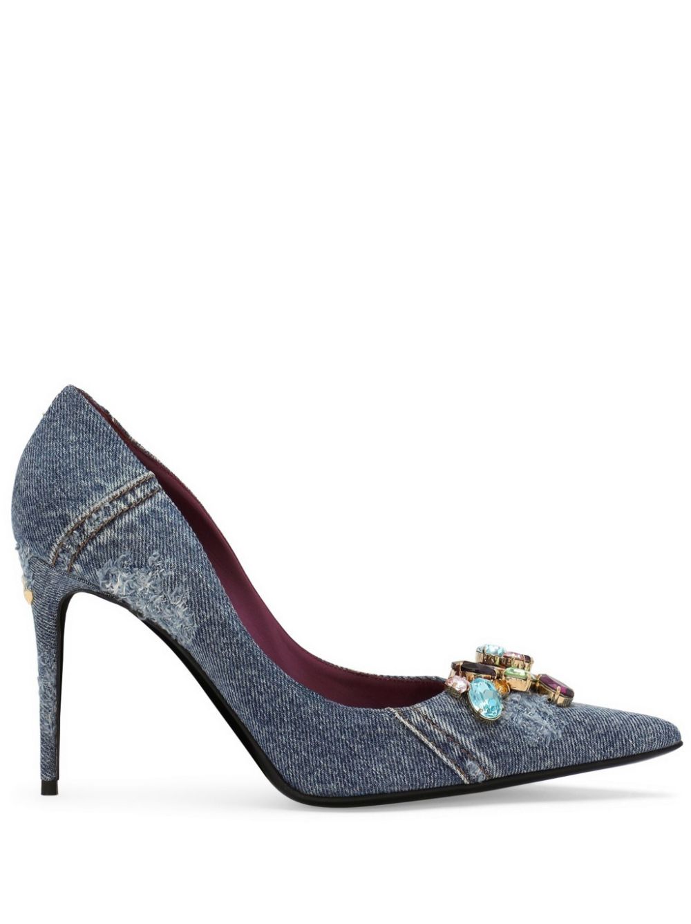 Denim-patchwork leather pumps - Blue