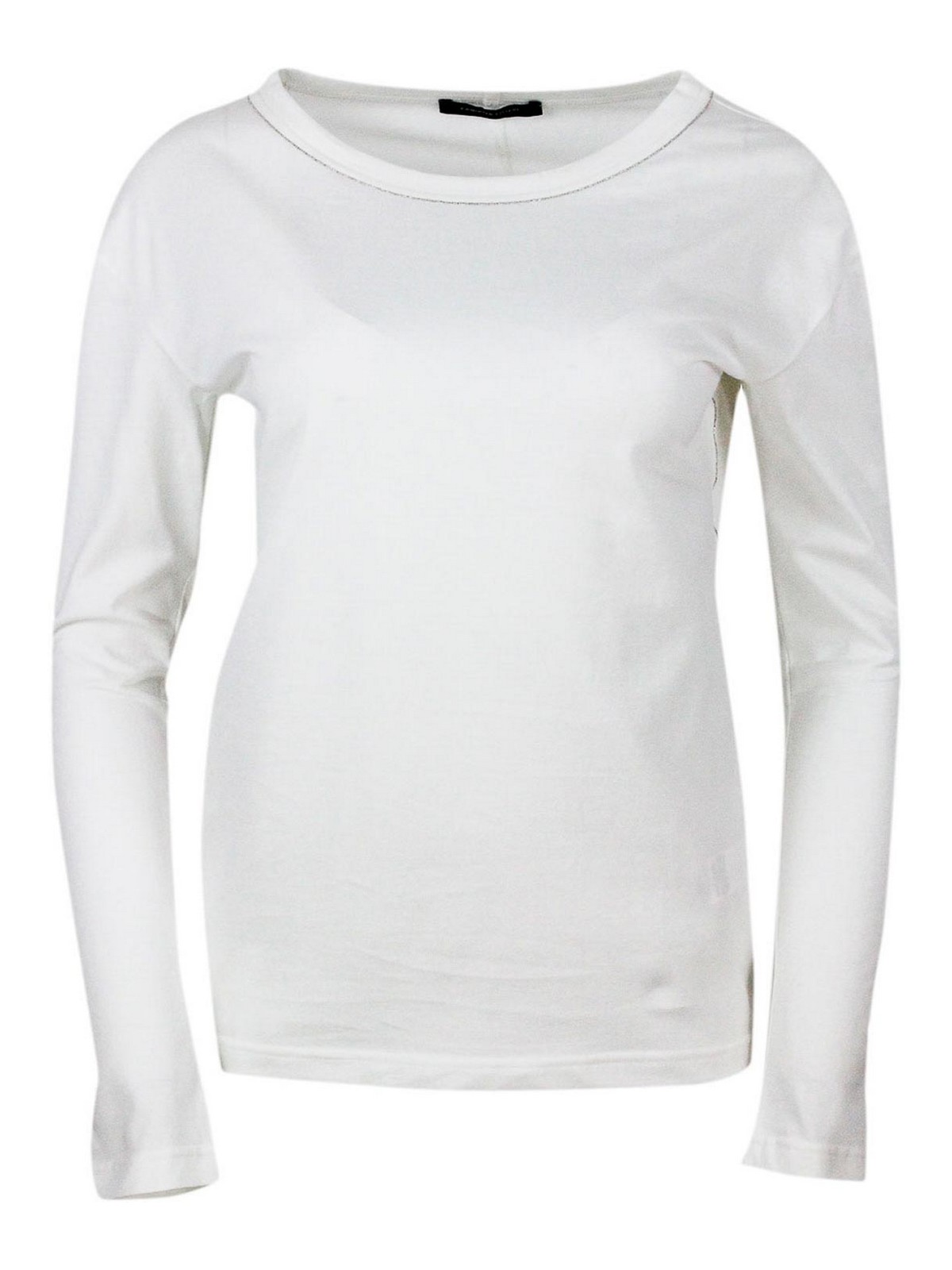 Crew-neck Long-sleeved Cotton Jersey T-shirt Embellished With Rows Of Monili On The Neck