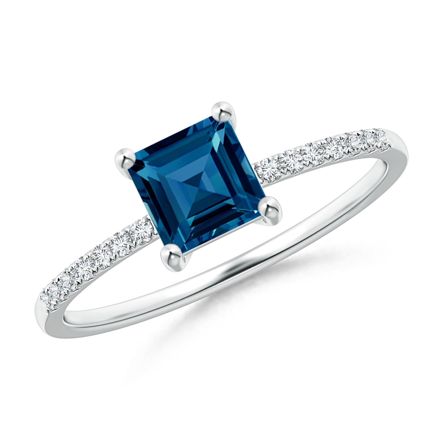 Angara 0.75 Carat Square London Blue Topaz Ring with Diamond Studded Shank in Platinum