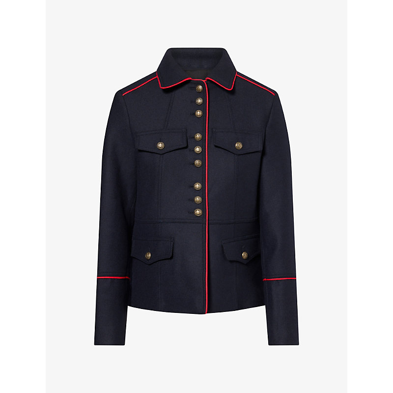 Womens Piped-Trim Wool-Blend Utility Jacket
