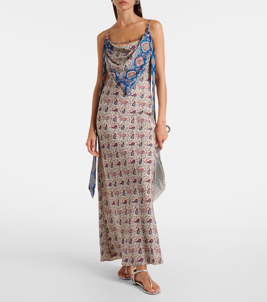 Paisley scarf-detail satin slip dress