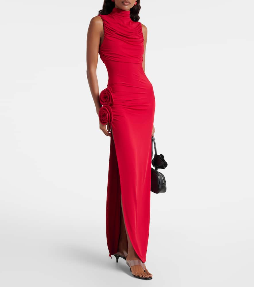 Floral-appliqué draped gown