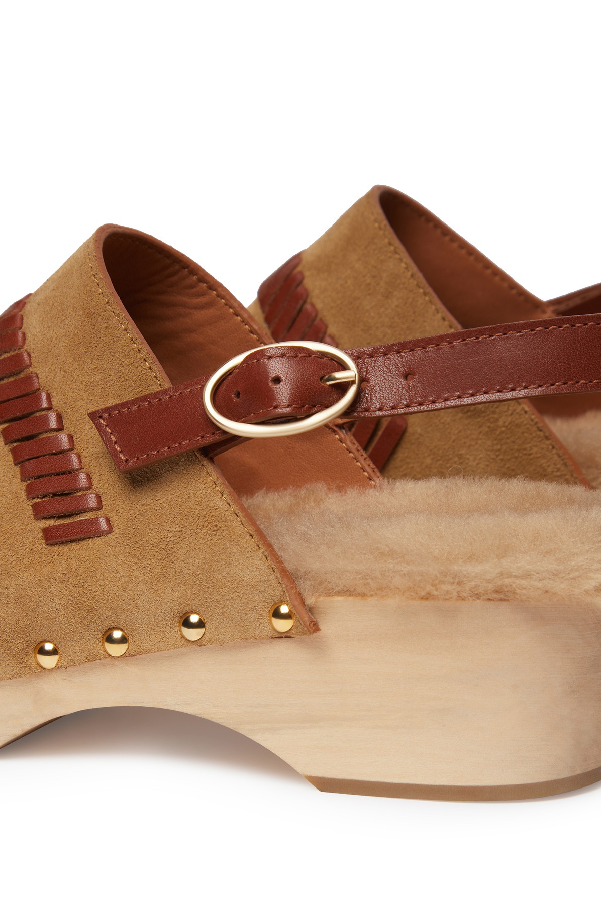 Leather clogs with faux fur