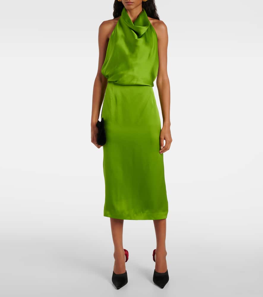 Halterneck silk satin midi dress