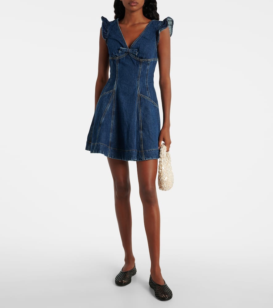 Bow-detail ruffled denim minidress