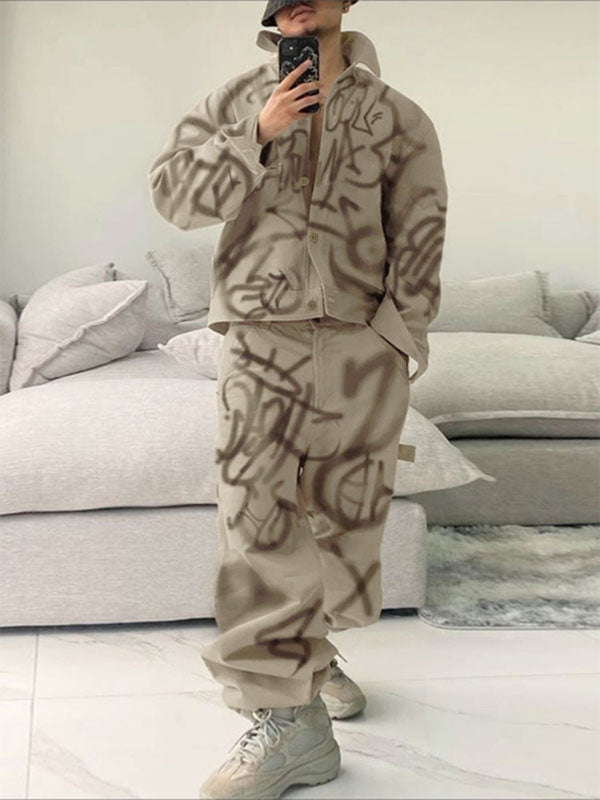 Men's Graffiti Print Contrast Color Two Pieces Outfit SKUL35077 - Khaki / S
