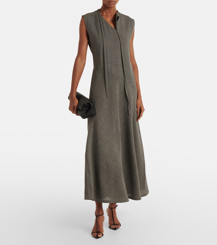 Tie-neck virgin wool canvas midi dress