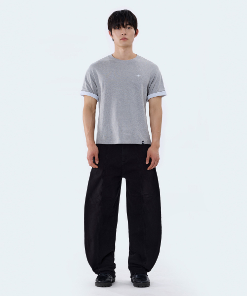 Cropped Stripe Color Block Roll-Up Short Sleeve T-Shirt GT-392_Gray