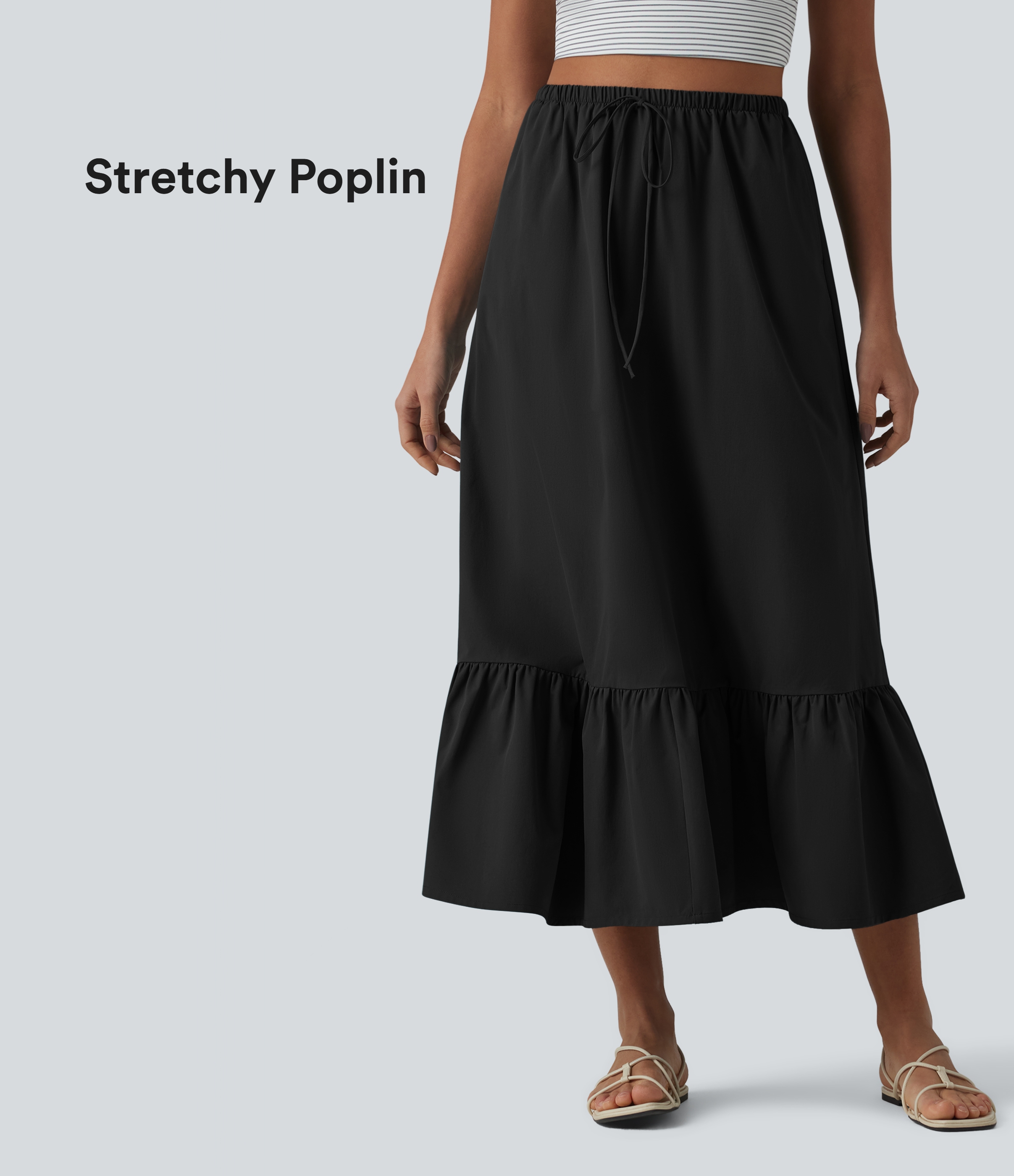 Jupe casual mi-longue évasée en popeline stretch taille haute avec cordon de serrage, ourlet volanté et poches - Black
