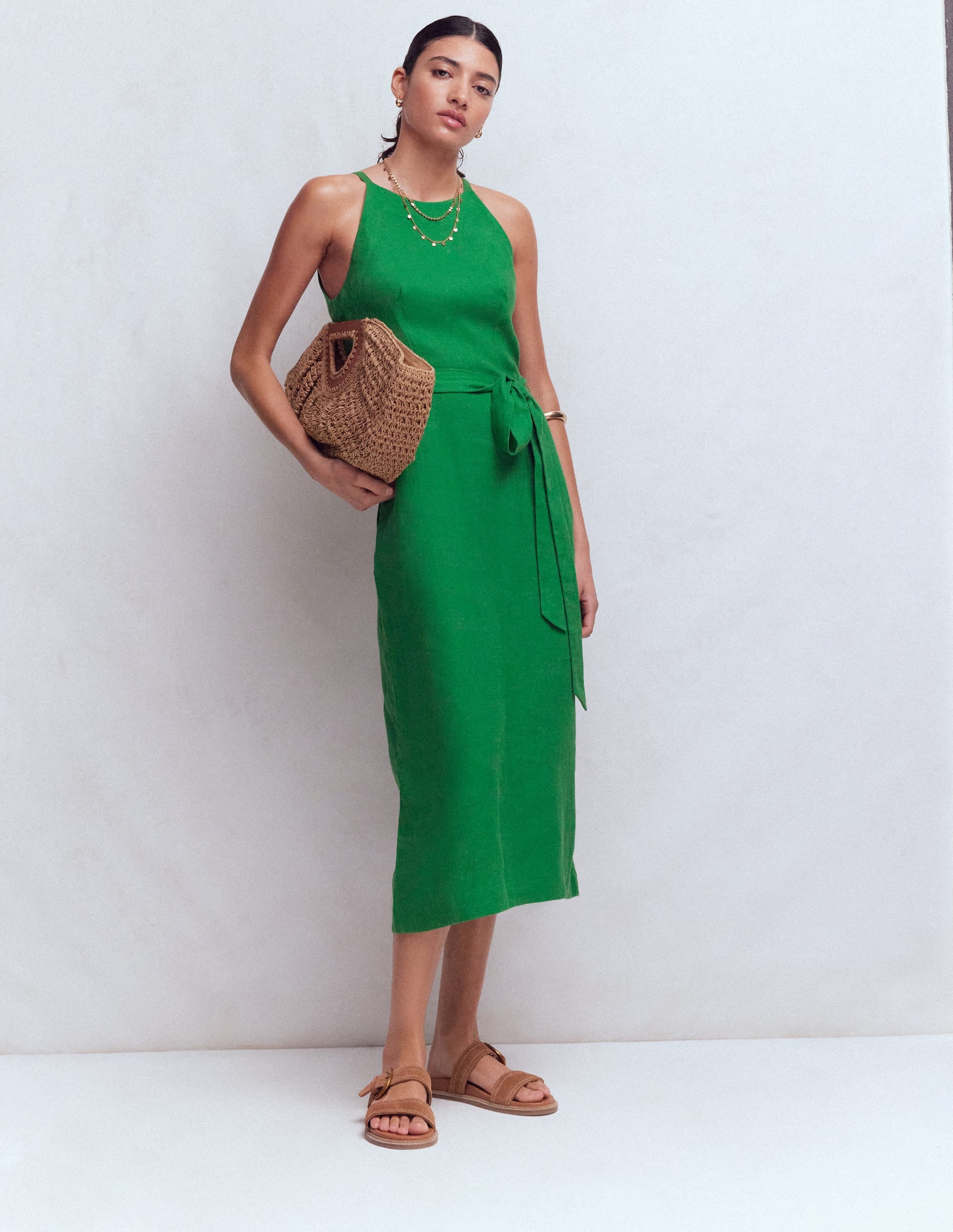 Women's Rosa Halter Linen Midi Dress in Green | Size 0