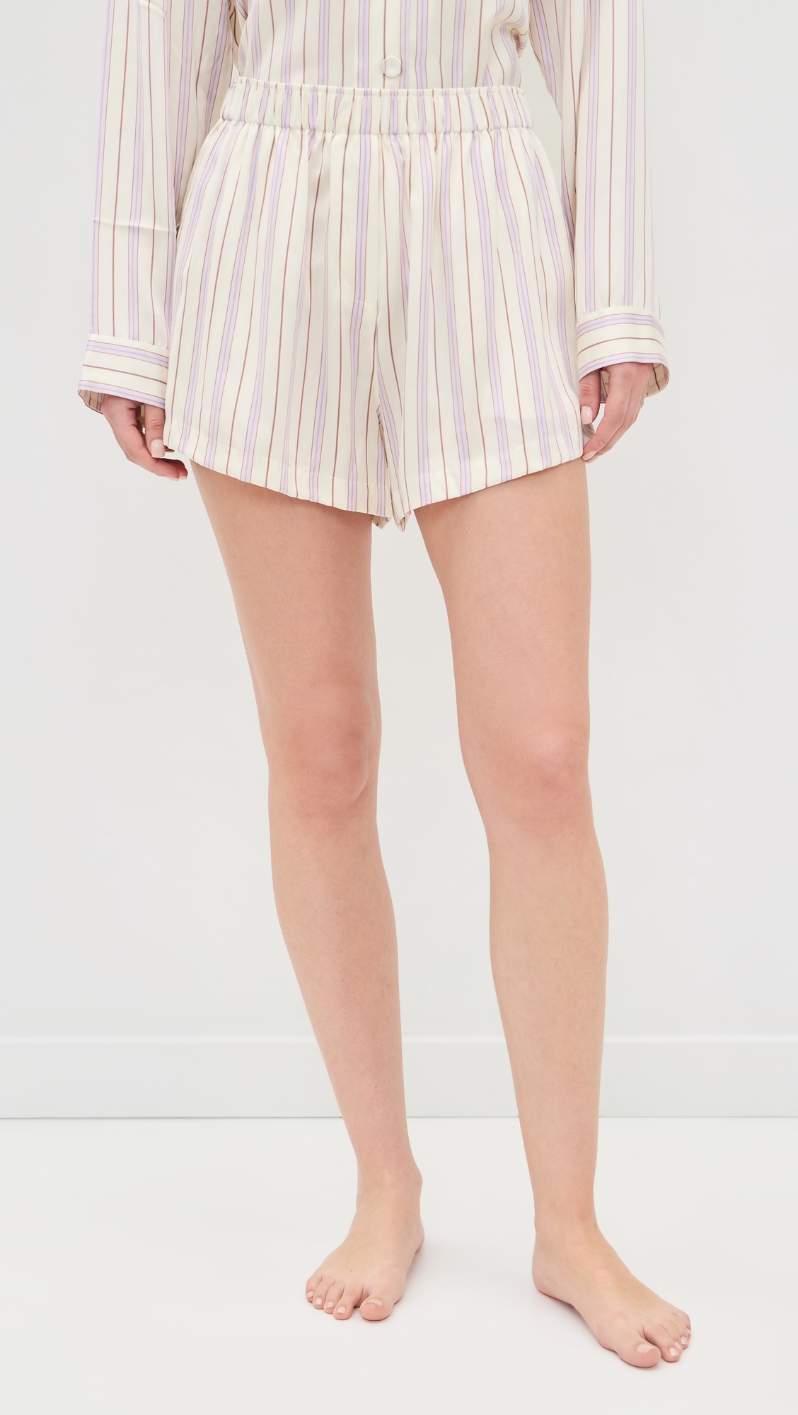 Washable Silk Button Up Short Set Wisteria Stripe