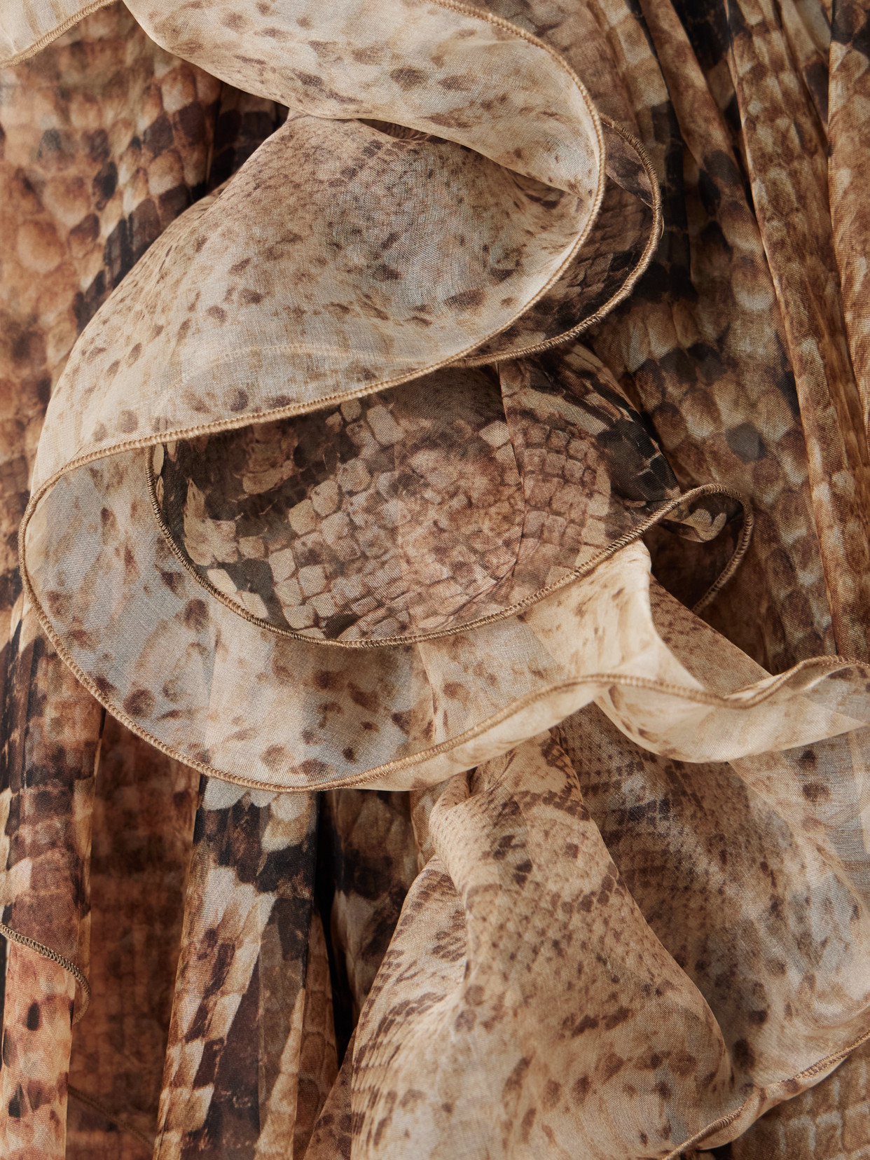 Hypnotic Memento Billow Ruffled Snake-print Silk-organza Gown - Brown