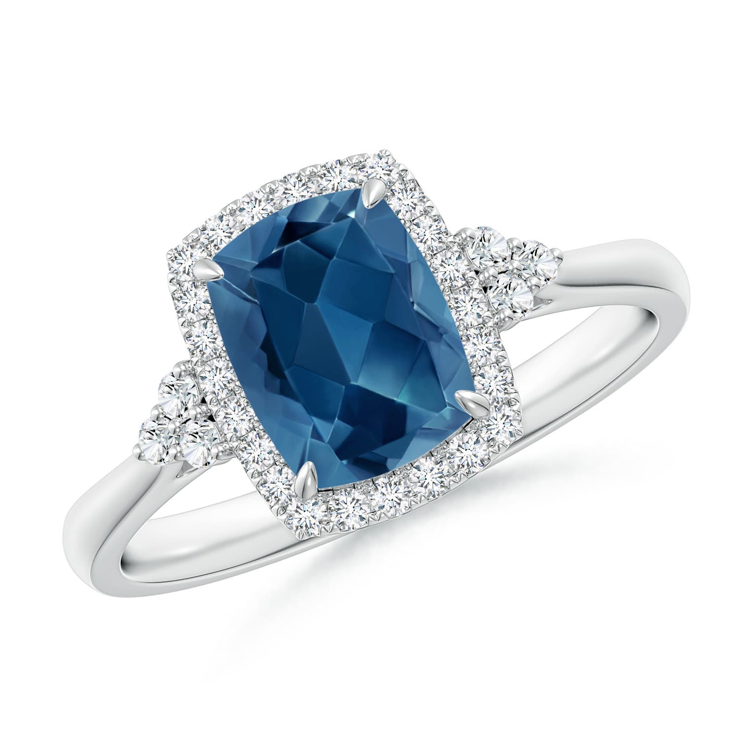 Angara 1.6 Carats Cushion London Blue Topaz Halo Ring with Trio Diamonds in Platinum