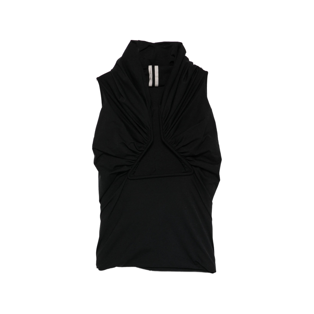 Black Top With Ruffled Design And Front Slit In Fabric Woman