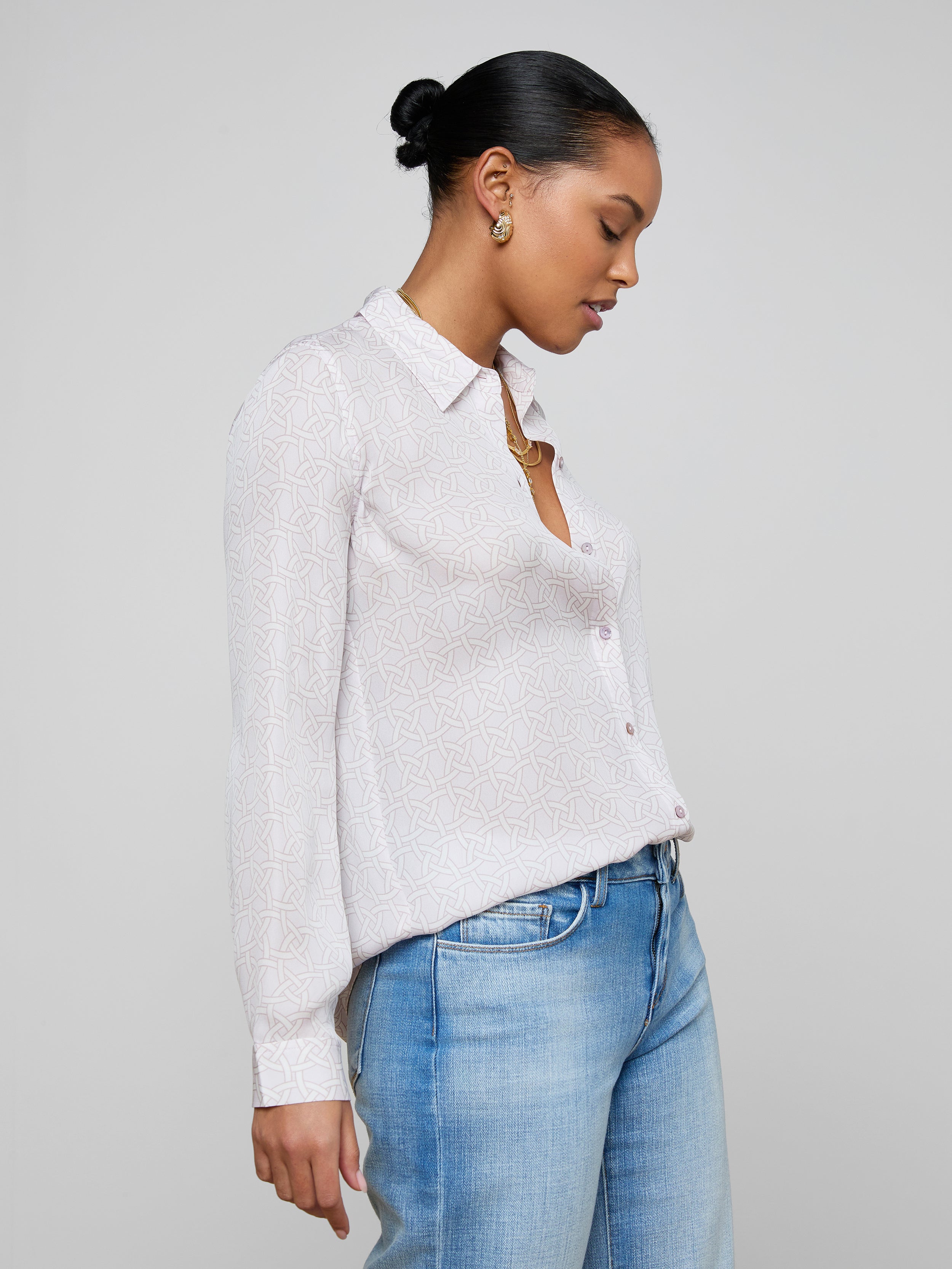 Nina Silk Blouse Top In Icy Lilac Linked Geo