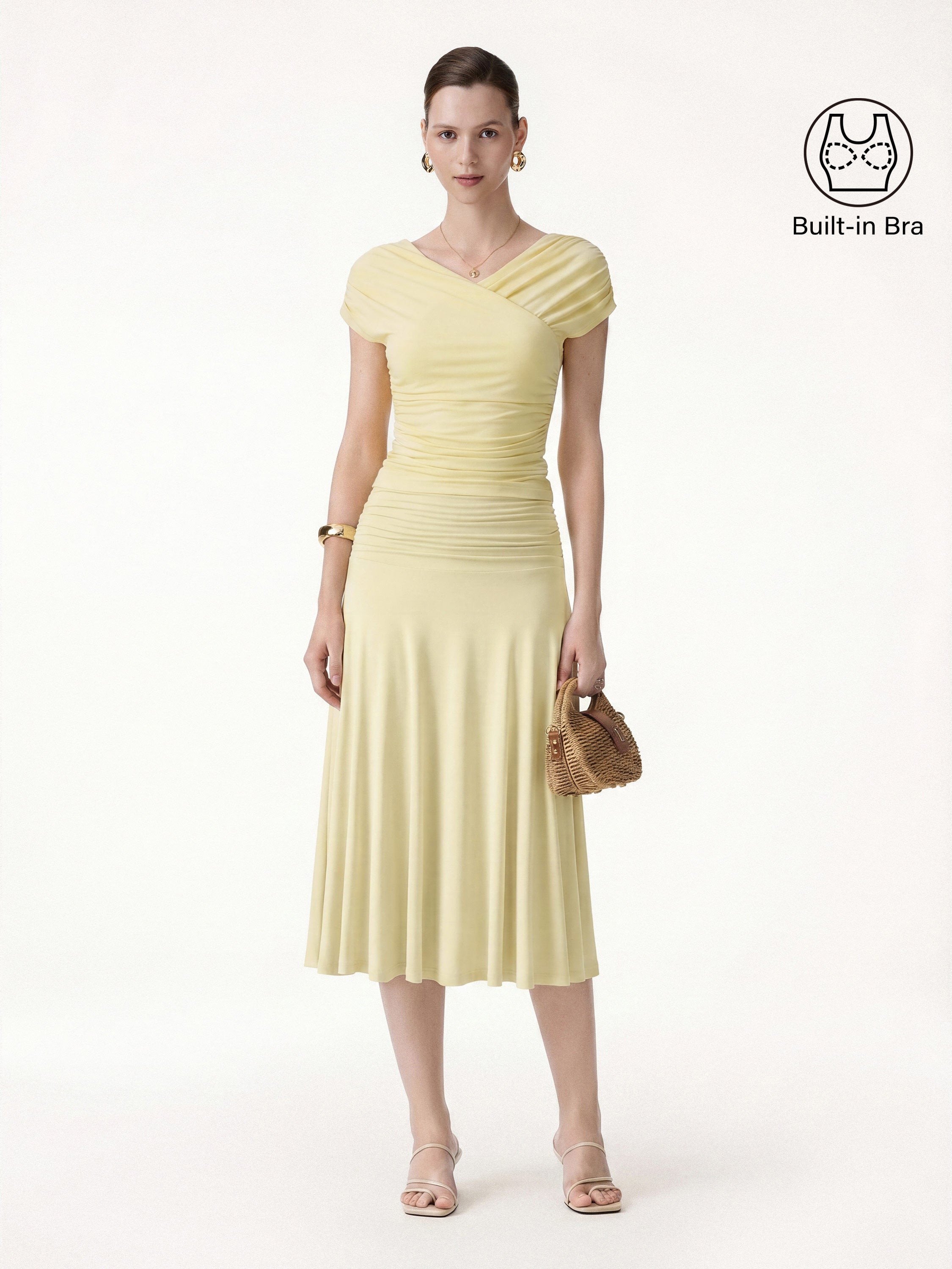 2Pcs Set Surplice V-Neck Bra Top & Side Ruched A-line Midi Skirt - Butter Yellow / XS