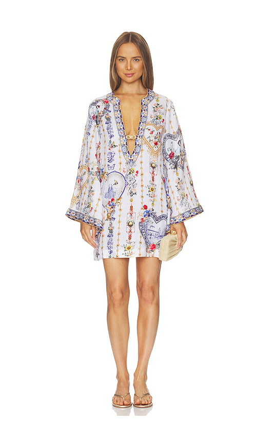 Camilla Deep V Neck Hardware Short Kaftan in Blue. XS/S. Also in