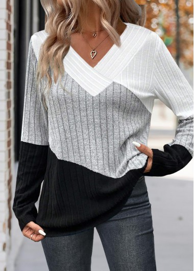 Modlily Multi Color Patchwork Long Sleeve V Neck T Shirt