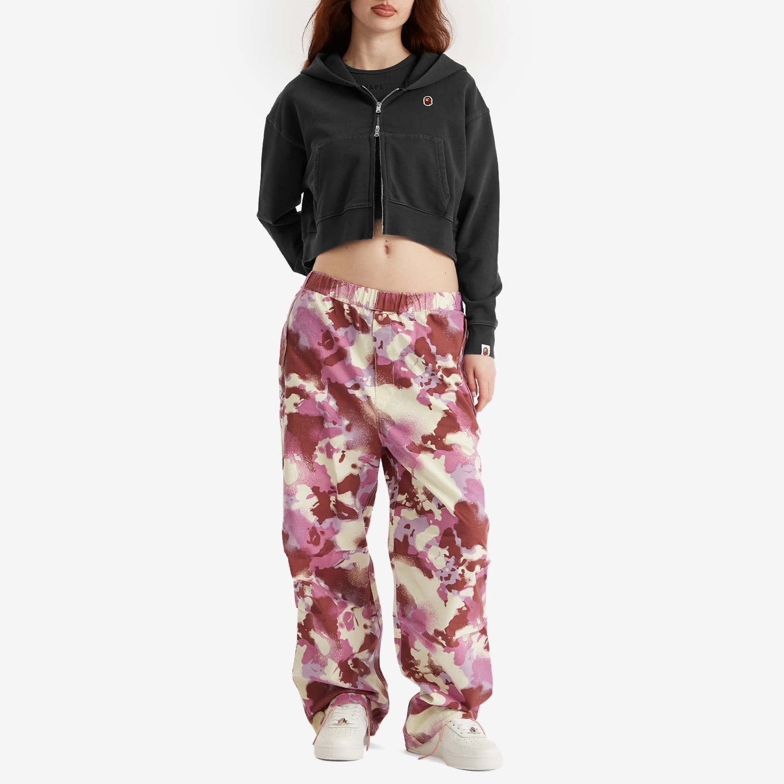 Women's Pigment Dyed One Point Crop Zip Hoodie Black