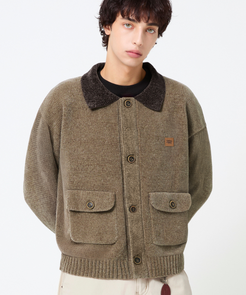 Leather Patchwork Velvet Cardigan Knit_Beige