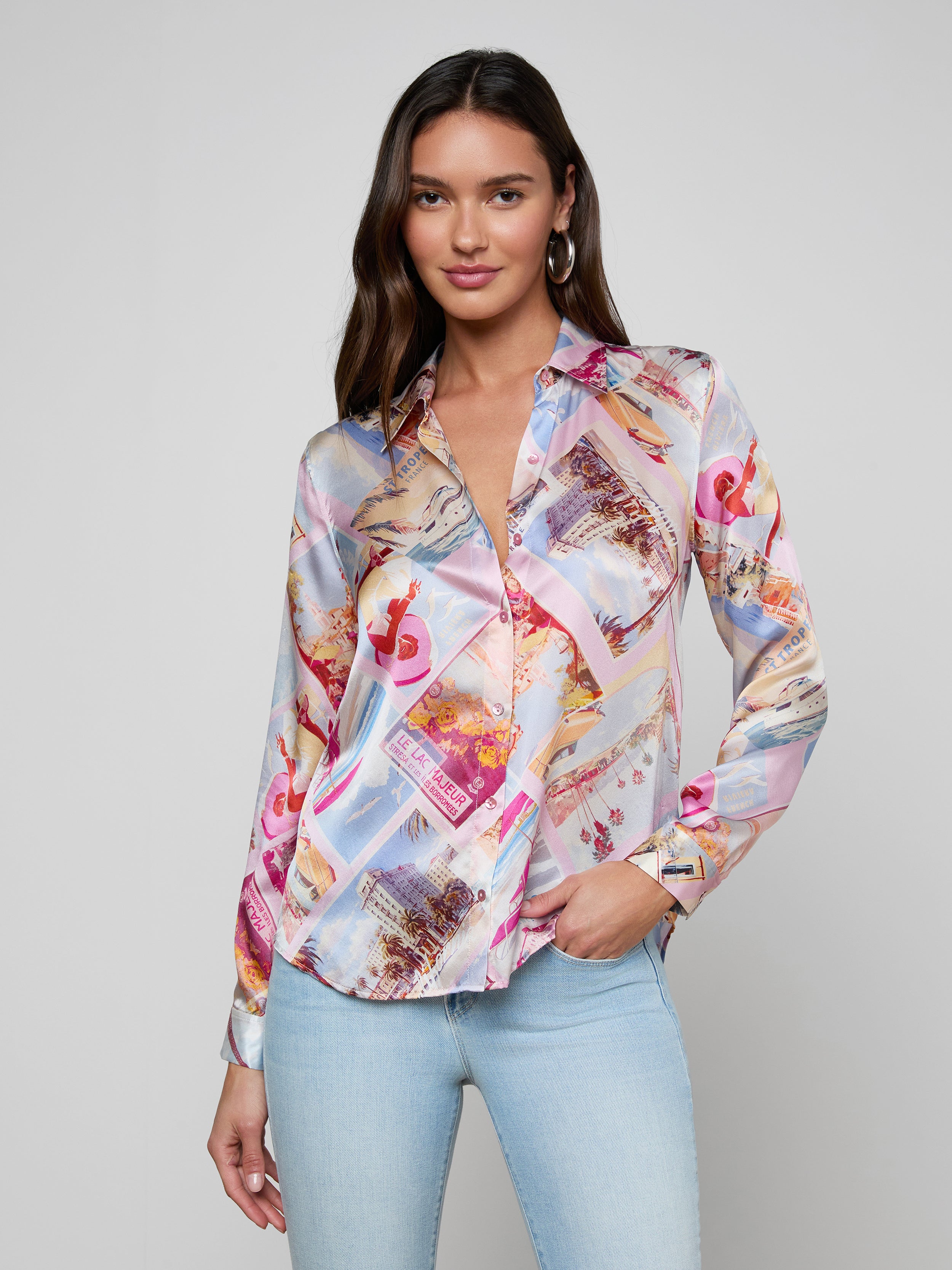 Tyler Silk Blouse Top In Light Pink Multi Large Postcard Print