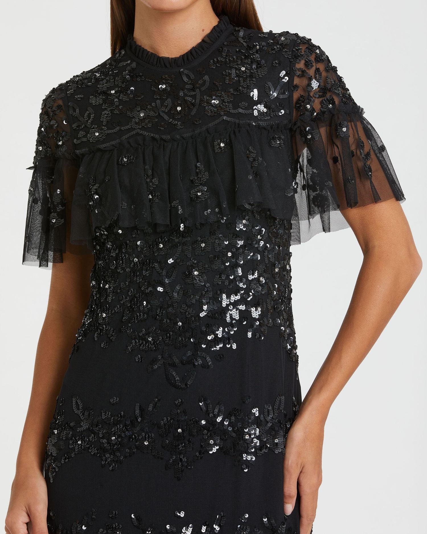 Sequined High Neck Ruffled Flutter Sleeve Wedding Guest Midi Dress In Black