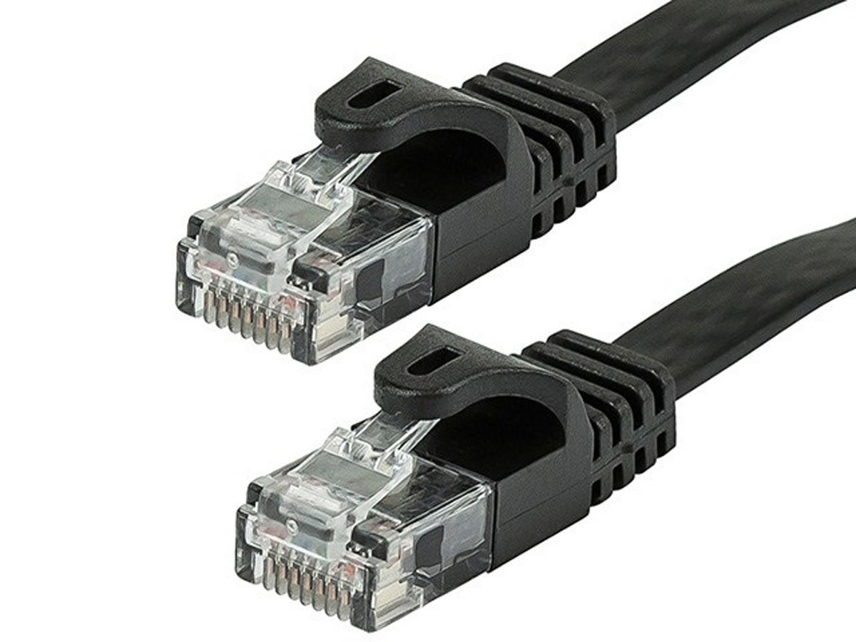 Cat5e 100ft Black Flat Patch Cable, UTP, 30AWG, 350MHz, Pure Bare Copper, Snagless RJ45, Flexboot Series Ethernet Cable