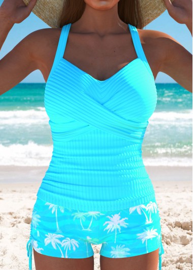 Modlily Criss Cross Mid Waisted Tropical Plants Print Tankini Set