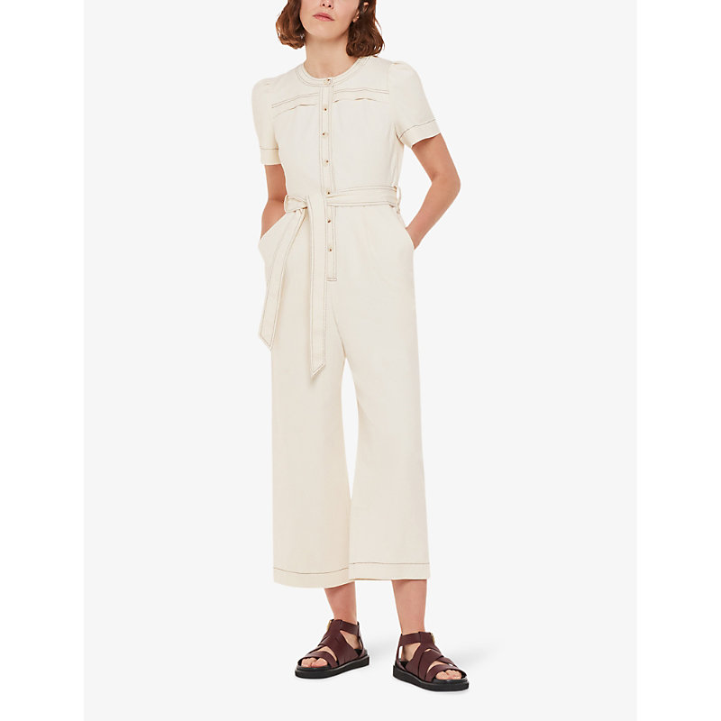 Womens Cream Alana Short-sleeved Denim Jumpsuit