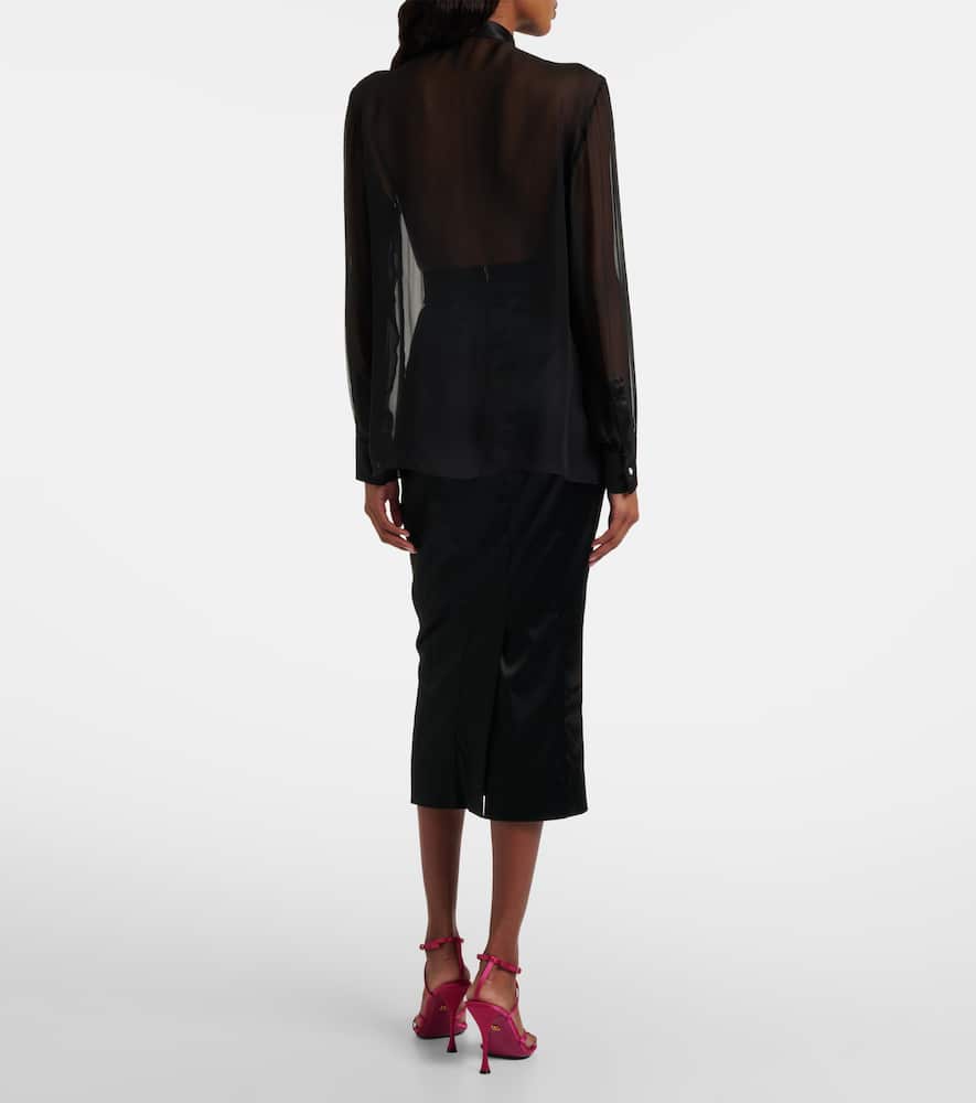 Floral-appliqué sheer silk shirt