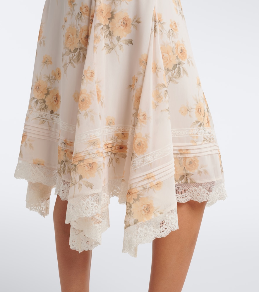Floral asymmetric lace-trimmed midi skirt