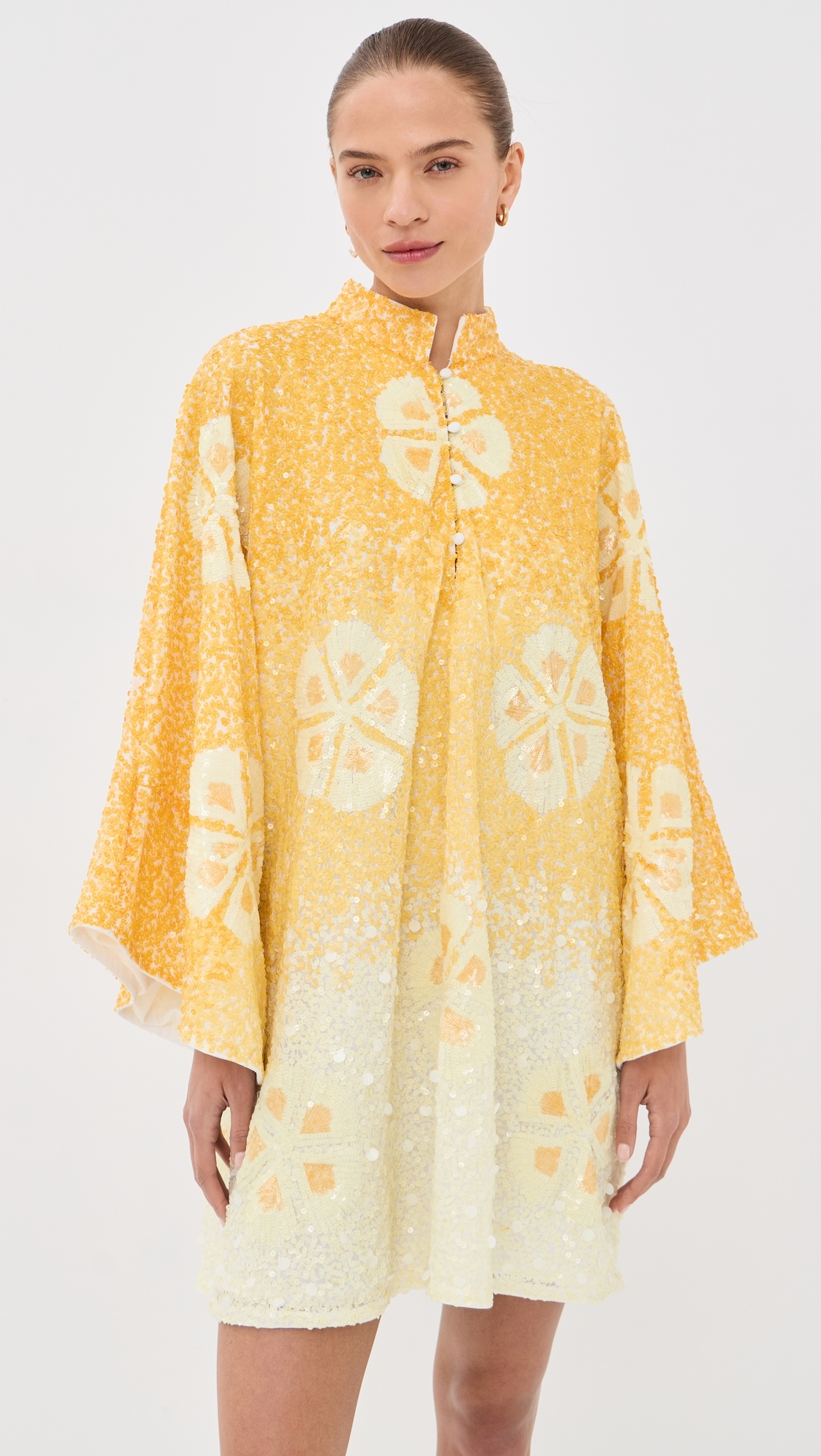 Sequin Hawaiian Flower Mini Caftan Yellow & White One Size