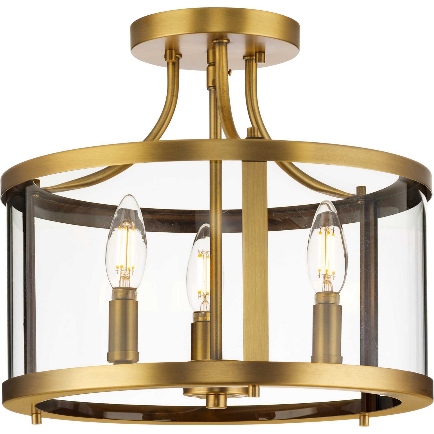 Vintage Brass Three Light Semi Flush Mount from the Gilliam Collection