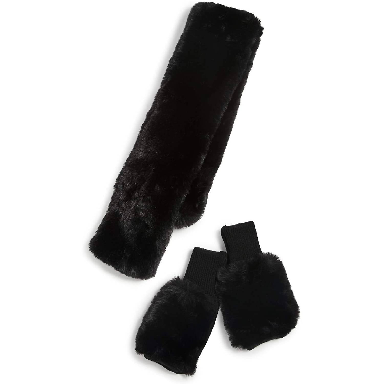 Faux Fur Pull Through Scarf And Mitten Set In Black