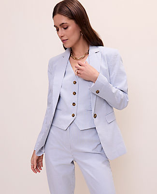 Ann Taylor The Petite Striped Long One Button Blazer