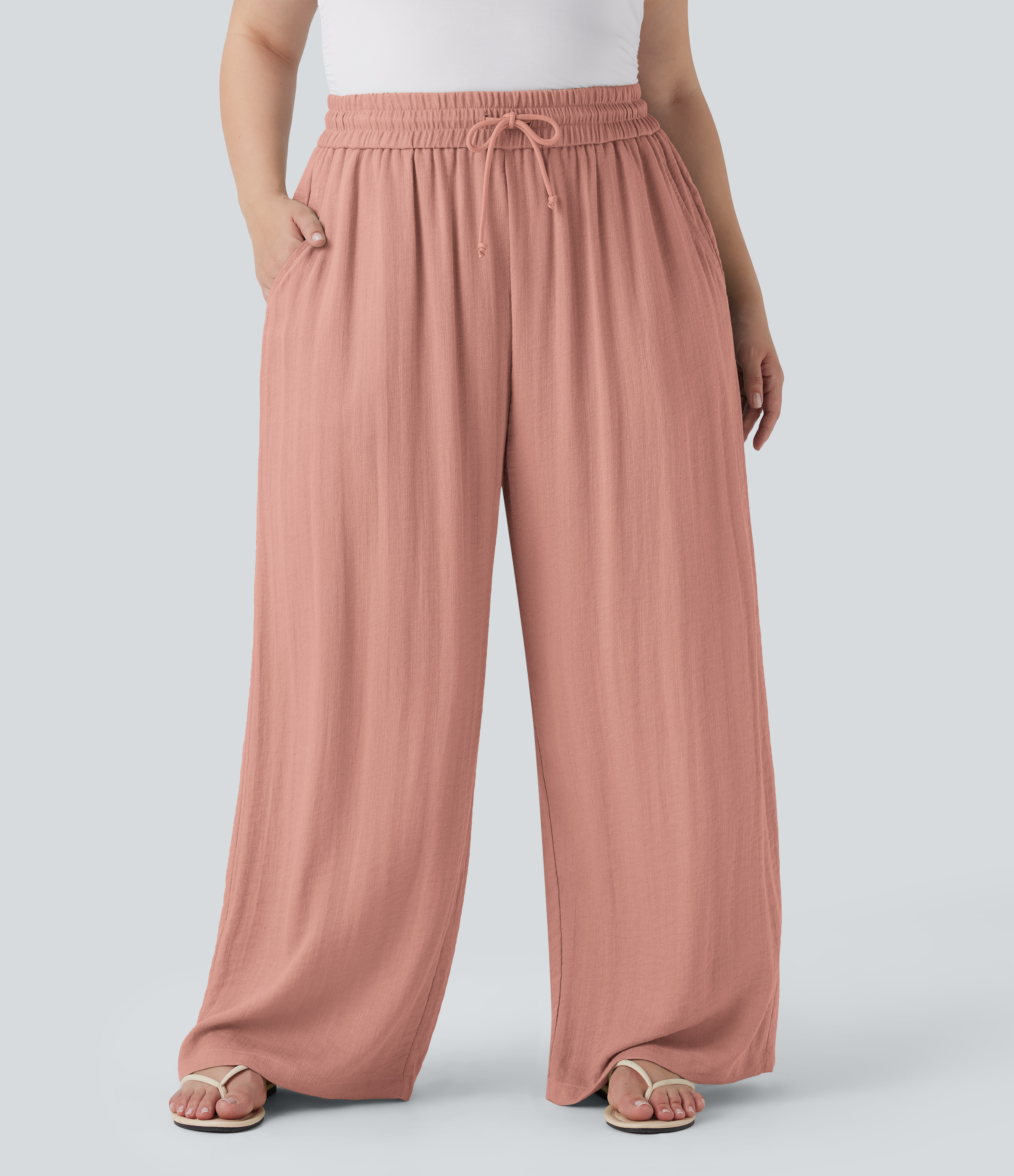 High Waisted Drawstring Linen-Feel Wide Leg Casual Plus Size Pants with Pockets  - Mineral Red