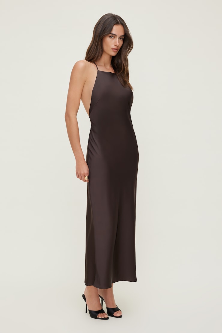 Open Back Satin Maxi Slip Dress - Brown - Women Clothing
