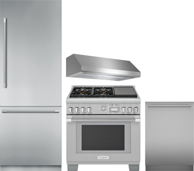 Thermador 4 Piece Kitchen Appliances Package with Bottom Freezer Refrigerator, Dual Fuel Range and Dishwasher in Stainless Steel THRERADWRH