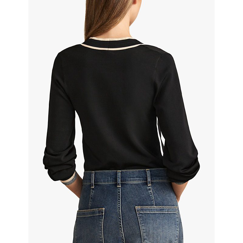Womens Black/cream Faith Contrast-trim Stretch-woven Top S