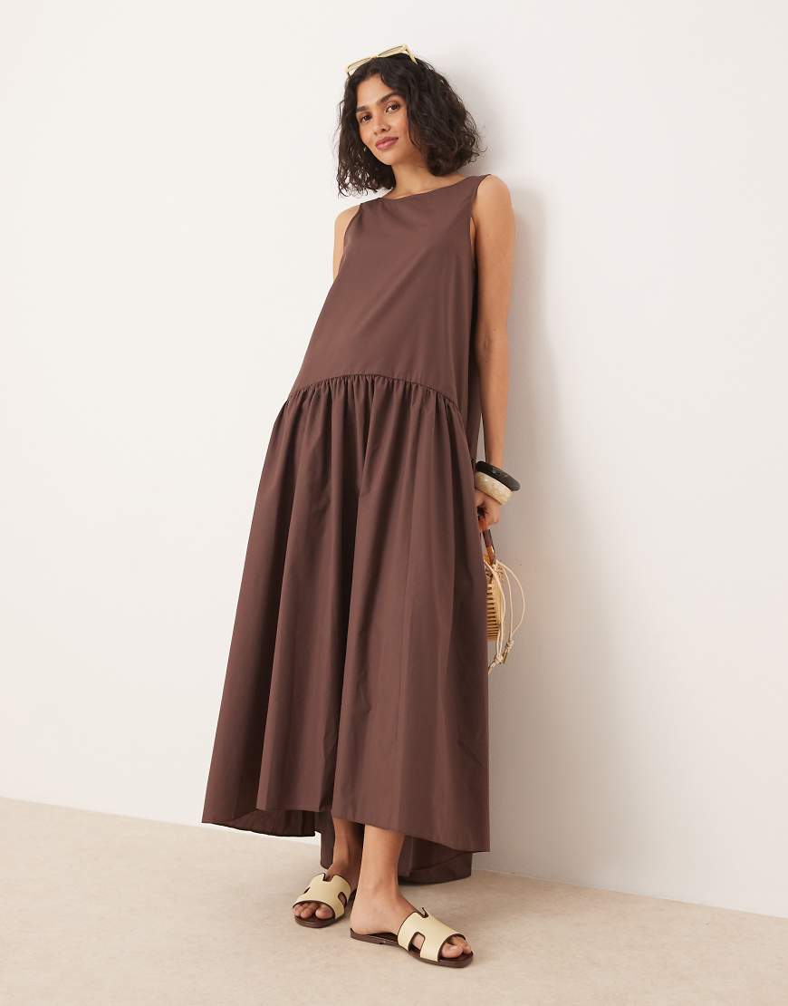 ASOS DESIGN drop waist cotton maxi dress in chocolate-Brown