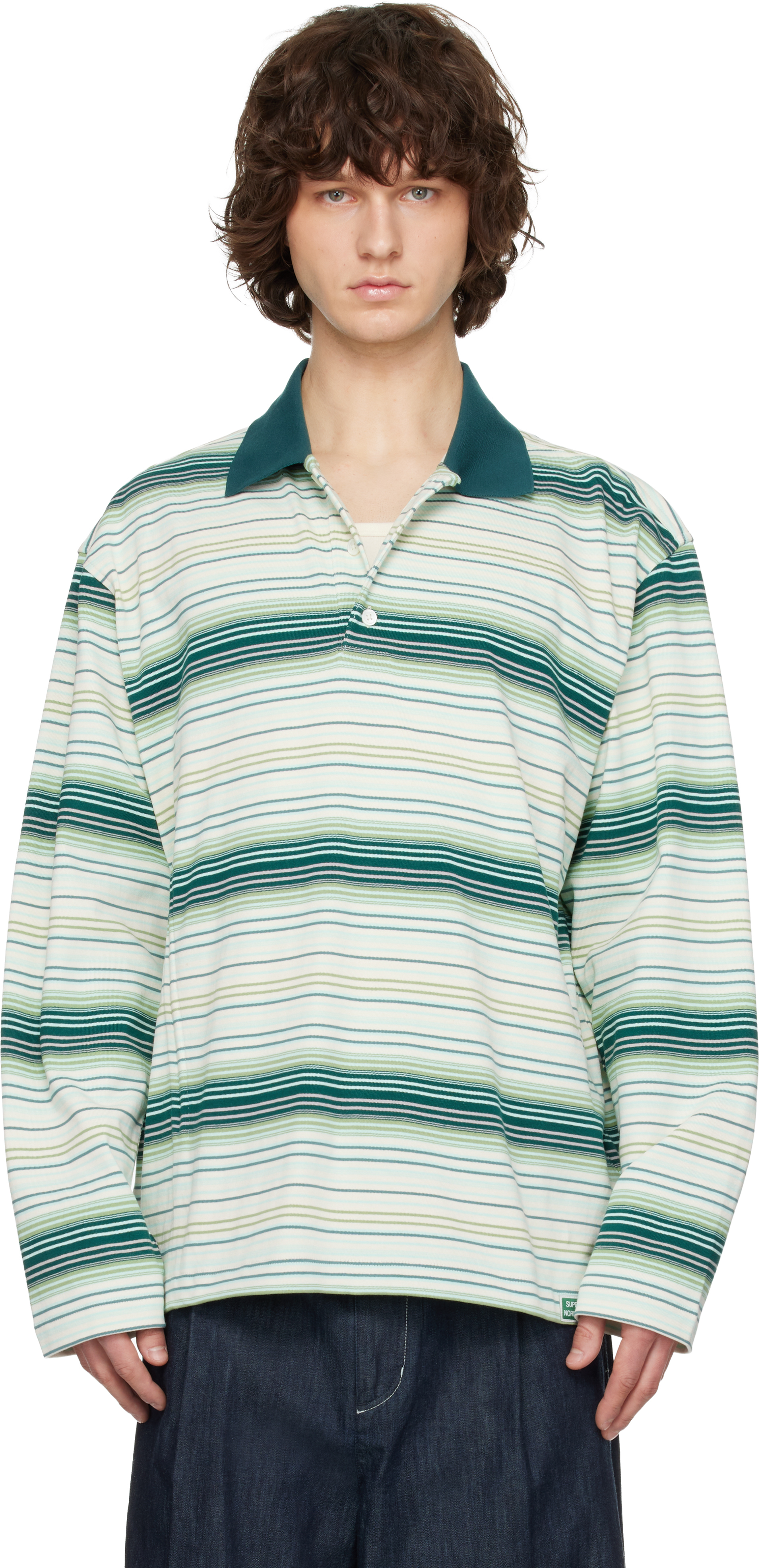 Green Striped Drawstring Collar Neck Long Sleeve Polo